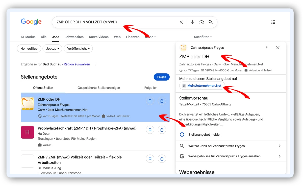 Grafik Zahnarzt Jobanzeige über Google for Jobs und MeinUnternehmen.Net ohne Login-Sperren.