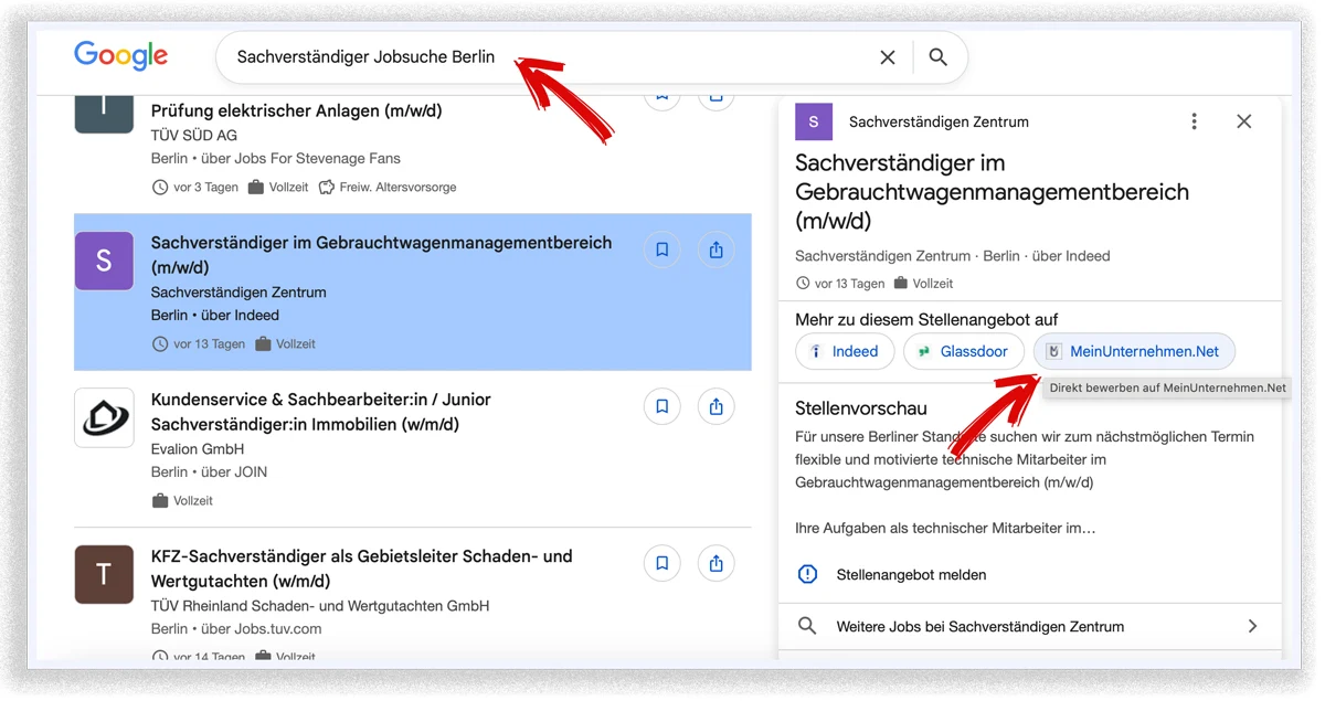 Grafik zum direkten Bewerbungsweg über Google for Jobs und MeinUnternehmen.Net ohne Login-Sperren.